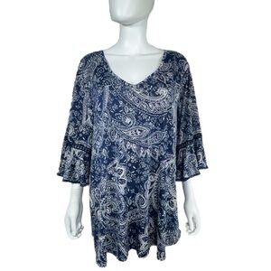 Roommates Blue & White Paisley Flounce  Sleeve Blouse